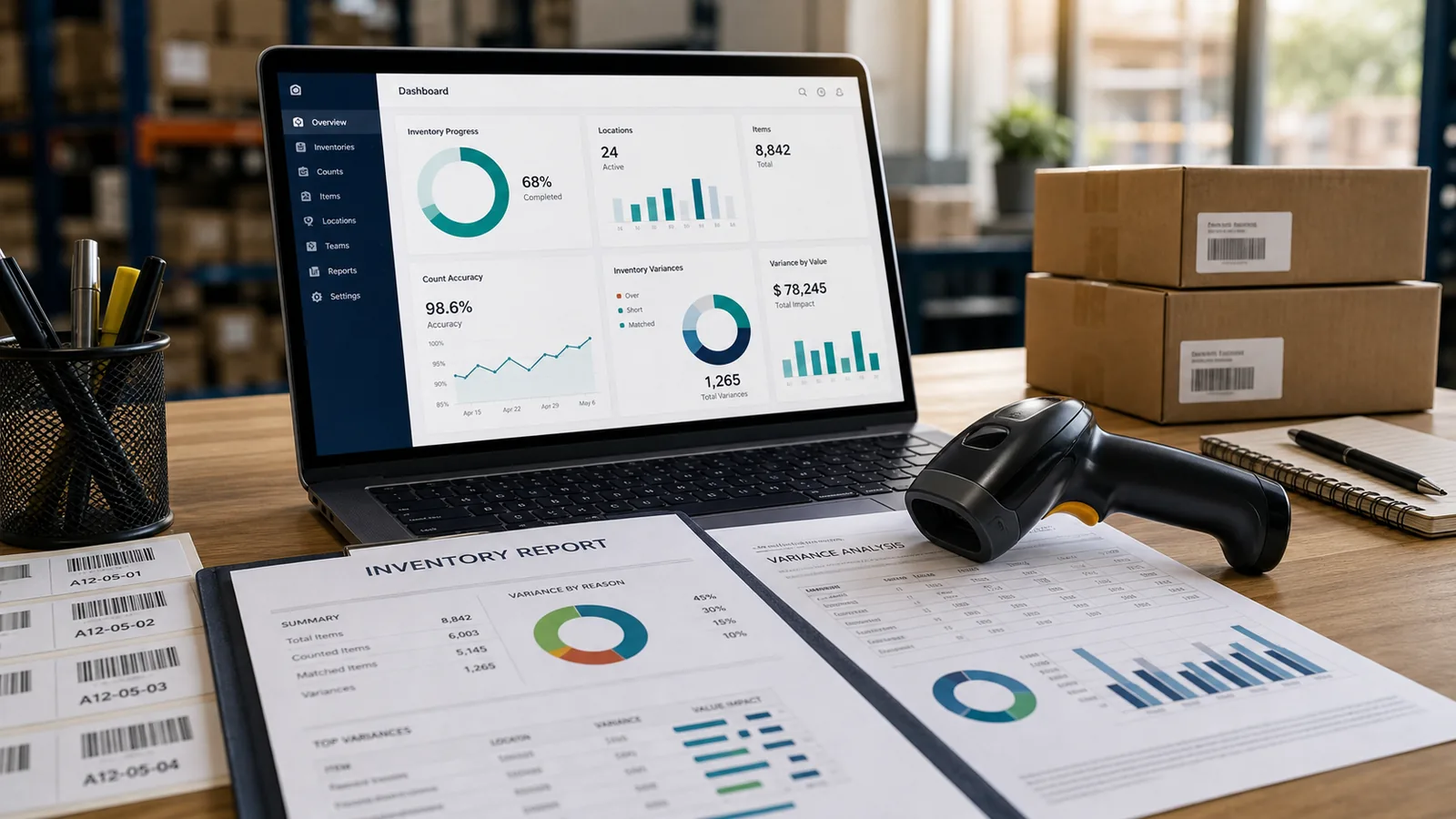 Rapport d'inventaire affiché sur ordinateur avec lecteur code-barres et documents