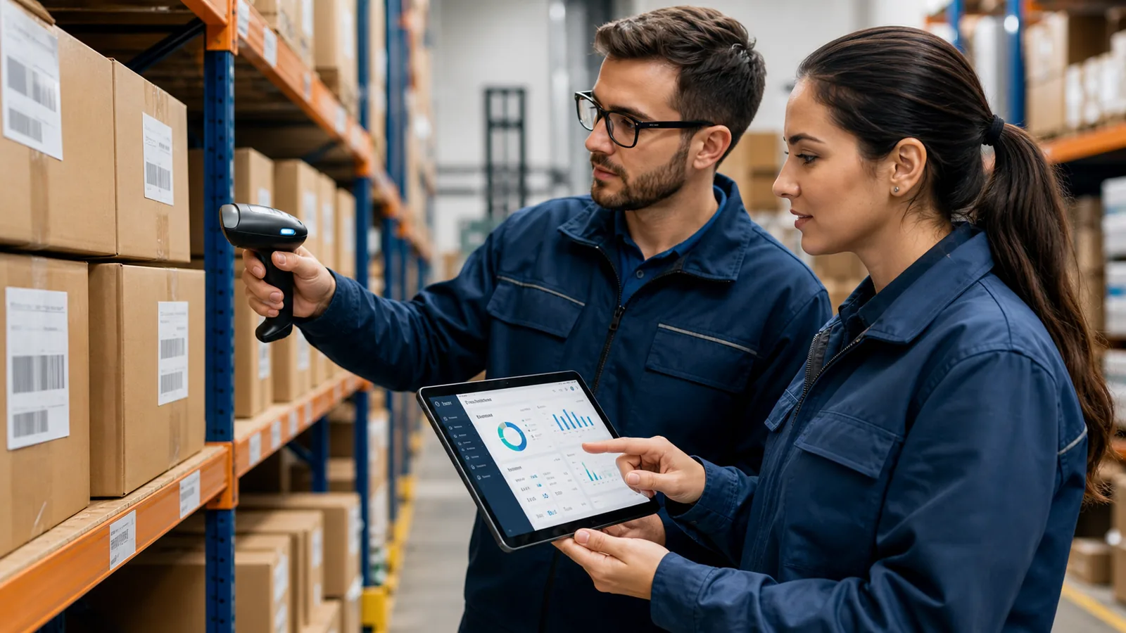 Équipe d'inventaire utilisant une tablette et un lecteur code-barres dans un entrepôt